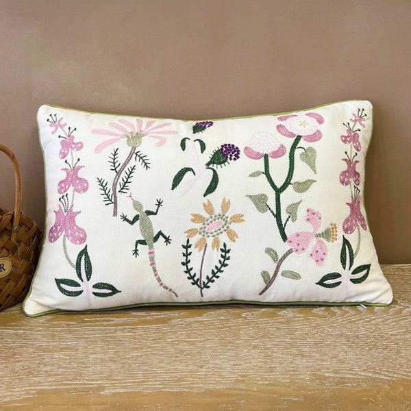 Embroider Flower Cotton Pillow Covers, Spring Flower Decorative Throw Pillows, Farmhouse Sofa Decorative Pillows, Flower Decorative Throw Pillows for Couch-LargePaintingArt.com