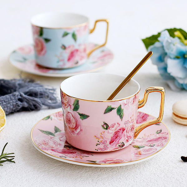 Blue Coffee Cups with Gold Trim and Gift Box, British Tea Cups, Porcelain Coffee Cups, Rose Flower Tea Cup and Saucer, Latte Coffee Cups-LargePaintingArt.com