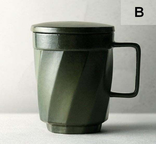 Creative Brown Green Blue Black Ceramic Coffee Mugs, Large Modern Handmade Pottery Coffee Cup, Large Unique Tea Cup, Large Capacity Coffee Mug with Cover-LargePaintingArt.com