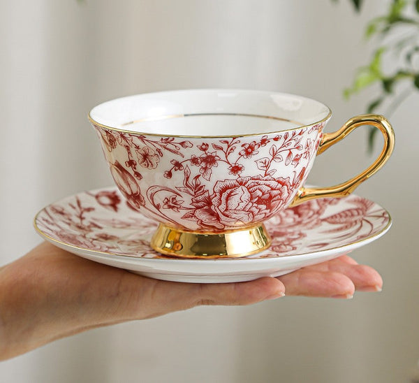 Creative Porcelain Tea Cup Saucer Set, Beautiful British Tea Cups, Elegant Flower Ceramic Cups, Unique Royal Coffee Cup and Saucer-LargePaintingArt.com