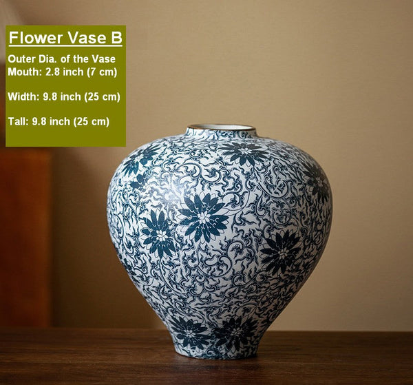 Centerpiece on Dining Table, Large Blue Flower Vase on Table, Vintage Bouquet Flower Vases, Handmade Porcelain Flower Vases Urn, Water Holding Flower Vases-LargePaintingArt.com
