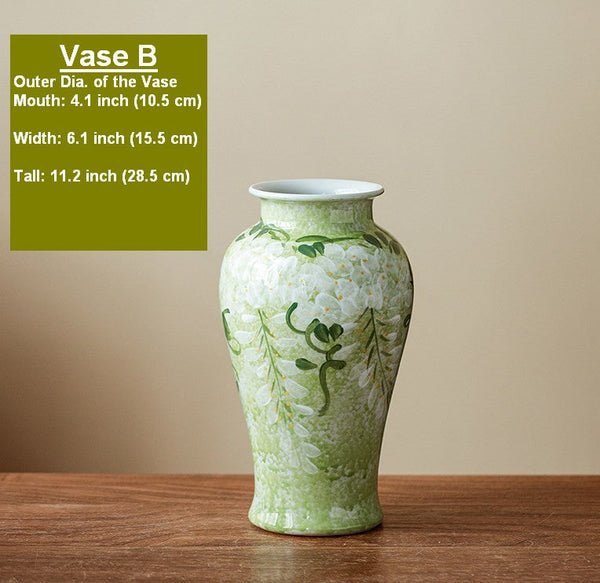 Large Flower Vases on Table, Green Porcelain Flower Vases, Centerpiece Ceramic Bud Vases, Handmade Water Holding Flower Vase-LargePaintingArt.com