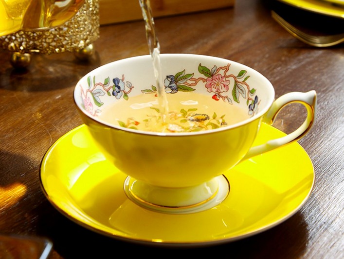Elegant Yellow Ceramic Cups, Unique Royal Coffee Cup and Saucer, Beautiful British Tea Cups, Creative Bone China Porcelain Tea Cup Set-LargePaintingArt.com