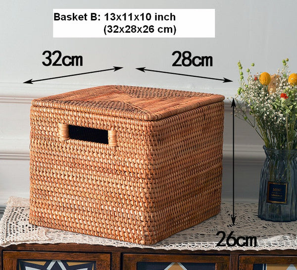 Rectangular Storage Basket with Lid, Rattan Storage Basket for Shelves, Extra Large Storage Baskets for Bedroom, Storage Baskets for Clothes-LargePaintingArt.com