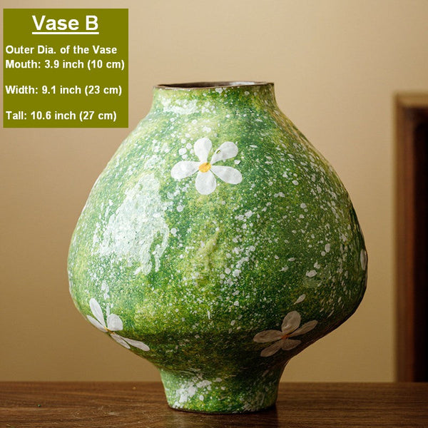 Centerpiece on Dining Table, Handmade Water Holding Flower Vases, Modern Pottery Flower Vases, Pottery Bud Vases, Large Green Flower Vases on Table-LargePaintingArt.com