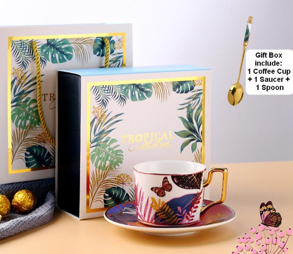 Elegant Tea Cups and Saucers, Jungle Toucan Pattern Porcelain Coffee Cups, Coffee Cups with Gold Trim and Gift Box-LargePaintingArt.com