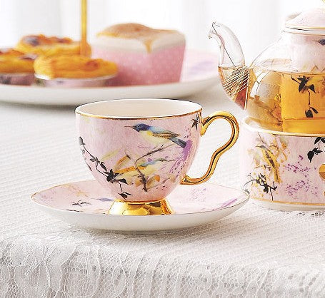 Elegant Pink Ceramic Coffee Cups, Unique Bird Flower Tea Cups and Saucers in Gift Box as Birthday Gift, Beautiful British Tea Cups, Royal Bone China Porcelain Tea Cup Set-LargePaintingArt.com