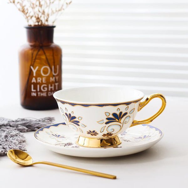Tea Cup and Saucer, Coffee Cups with Gold Trim and Gift Box, British Tea Cups, Porcelain Coffee Cups, Latte Coffee Cups-LargePaintingArt.com