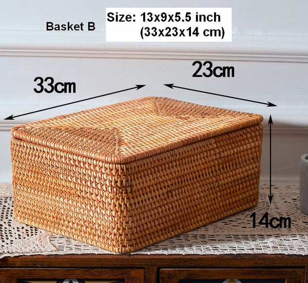 Woven Rattan Baskets, Rectangular Basket with Lid, Rectangular Storage Baskets, Storage Basket for Bedroom, Kitchen Storage Baskets-LargePaintingArt.com