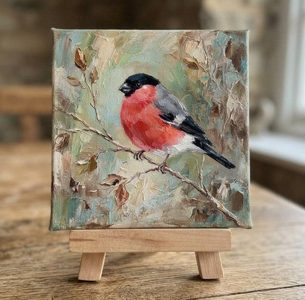 Hand Painted Canvas Art, Bullfich Bird Painting, Small Art on Canvas, Original Oil Paintings, Heavy Texture Painting, Miniature Wall Art