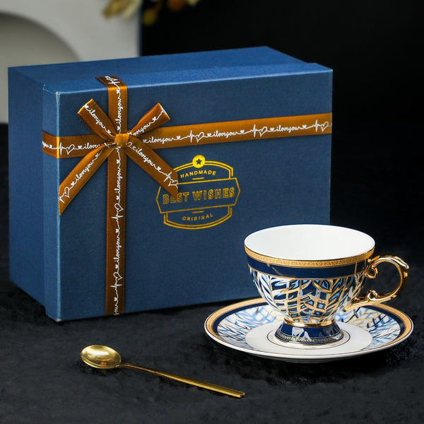 British Royal Tea Cup and Saucer in Gift Box, 8 oz Elegant Ceramic Coffee Cups, Porcelain Tea Cup and Saucer Set, British Tea Cup set-LargePaintingArt.com