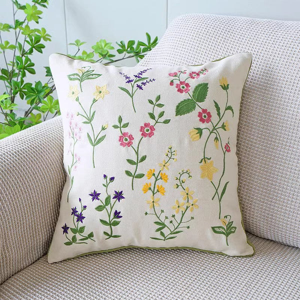 Farmhouse Sofa Decorative Pillows, Embroider Flower Cotton Pillow Covers, Spring Flower Decorative Throw Pillows, Flower Decorative Throw Pillows for Couch-LargePaintingArt.com