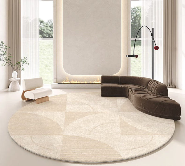 Contemporary Modern Rugs for Bedroom, Abstract Geometric Round Rugs under Sofa, Cream Color Rugs under Coffee Table, Dining Room Modern Rugs-LargePaintingArt.com