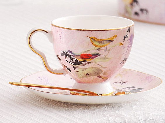 Elegant Pink Ceramic Coffee Cups, Unique Bird Flower Tea Cup and Saucer in Gift Box as Birthday Gift, Beautiful British Tea Cups, Royal Porcelain Tea Cup Set-LargePaintingArt.com