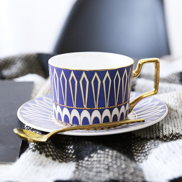 Latte Coffee Cups with Gold Trim and Gift Box, British Tea Cups, Elegant Porcelain Coffee Cups, Tea Cup and Saucer-LargePaintingArt.com