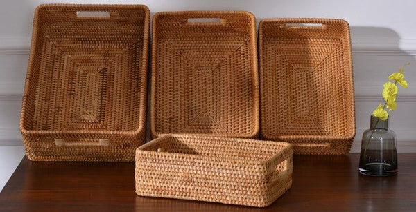 Rattan Storage Baskets for Kitchen, Rectangular Storage Baskets for Pantry, Storage Baskets for Shelves, Woven Storage Baskets for Bathroom-LargePaintingArt.com