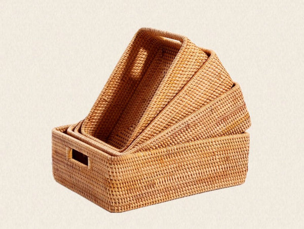 Large Woven Rattan Storage Basket, Rectangular Basket with Handle, Storage Baskets for Living Room-LargePaintingArt.com