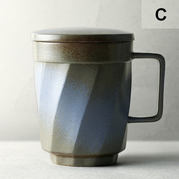 Creative Brown Green Blue Black Ceramic Coffee Mugs, Large Modern Handmade Pottery Coffee Cup, Large Unique Tea Cup, Large Capacity Coffee Mug with Cover-LargePaintingArt.com