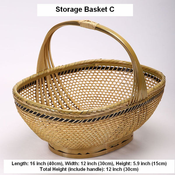 Natural Hand-woven Bamboo Basket, Extra Large Picnic Food Basket with Handle, Lovely Bamboo Baskets for Vegetable, Natural Fruit Basket Kitchen Storage Baskets-LargePaintingArt.com