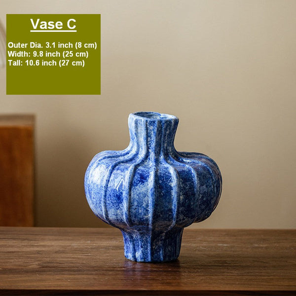 Modern Pottery Flower Vases, Handmade Water Holding Flower Vases, Centerpiece on Dining Table, Blue Ceramic Bud Vases, Tall Flower Vases on Table-LargePaintingArt.com