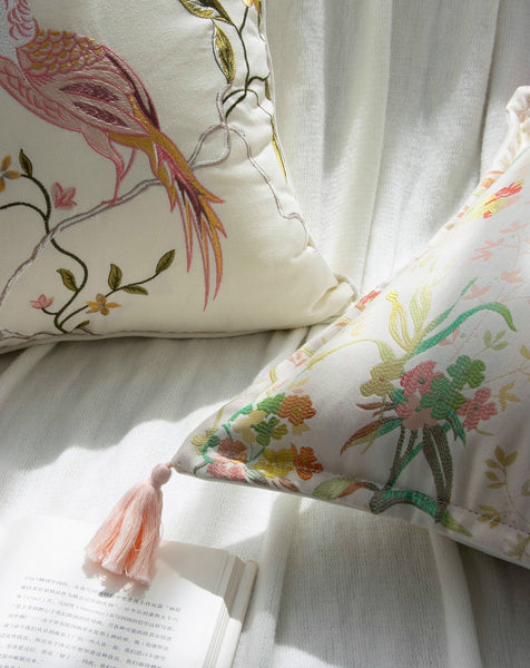 Living Room Decorative Pillows, Modern Decorative Cushions, Decorative Pillows for Bed, Decorative Pillow Arrangement Ideas for Interior Design, Embroidered Floral Bird Pattern Pillow Covers-LargePaintingArt.com