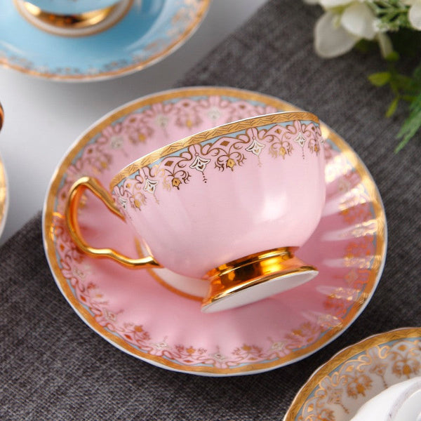 Unique British Tea Cup and Saucer in Gift Box, Pink Blue White Porcelain Tea Cup Saucer Set, Elegant British Ceramic Coffee Cups for Traditional Afternoon Tea-LargePaintingArt.com