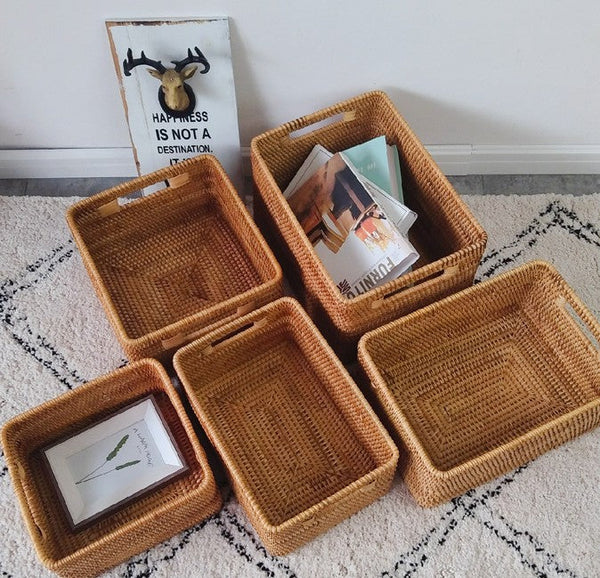 Woven Storage Baskets, Rectangular Storage Baskets, Rattan Storage Basket for Shelves, Kitchen Storage Baskets, Storage Baskets for Bathroom-LargePaintingArt.com