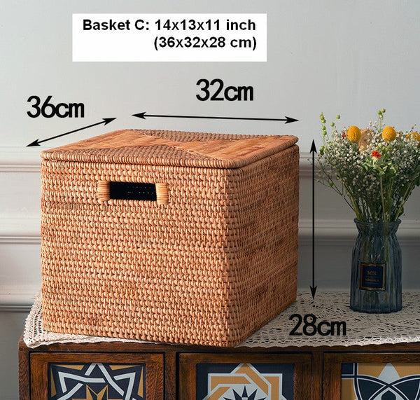 Rectangular Storage Basket with Lid, Rattan Storage Basket for Shelves, Extra Large Storage Baskets for Bedroom, Storage Baskets for Clothes-LargePaintingArt.com