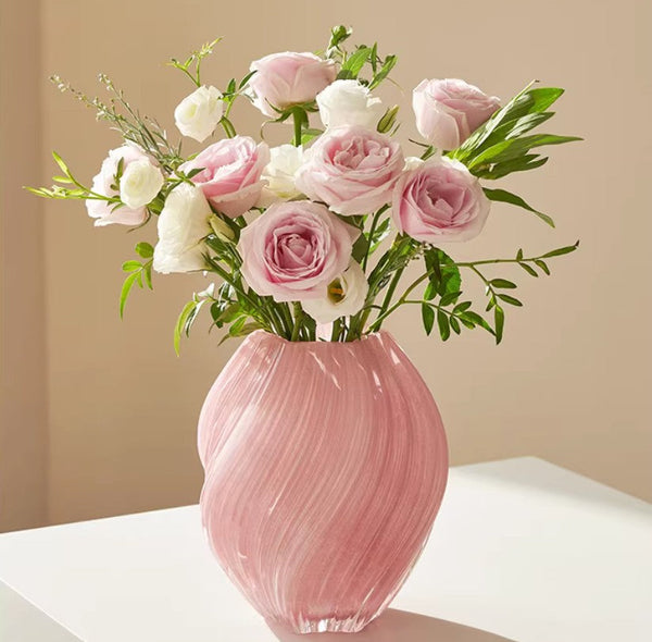Handmade Contemporary Glass Vases, Mid Century Pink Vases for Flowers, Modern Vases for Living Room, Unique Decorative Glass Vase, Centerpiece Vases on Table-LargePaintingArt.com