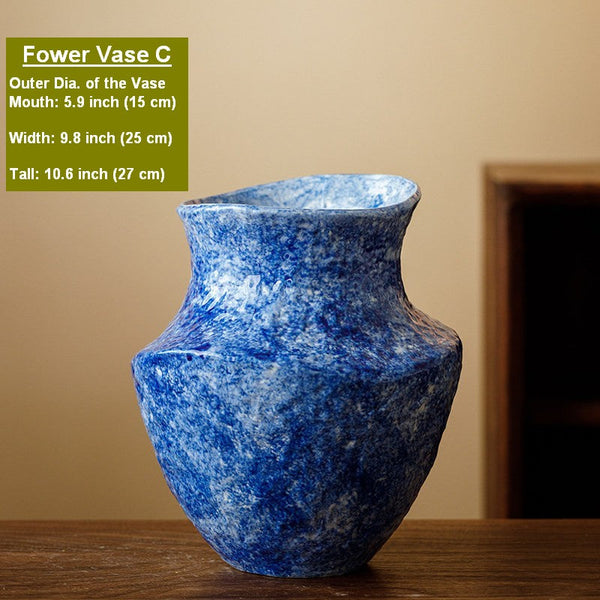 Modern Pottery Flower Vases, Handmade Water Holding Flower Vases, Centerpiece on Dining Table, Blue Pottery Bud Vases, Large Flower Vases on Table-LargePaintingArt.com