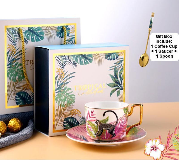 Handmade Coffee Cups with Gold Trim and Gift Box, 7.4 oz Tea Cup and Saucer, Jungle Tiger Porcelain Coffee Cups-LargePaintingArt.com