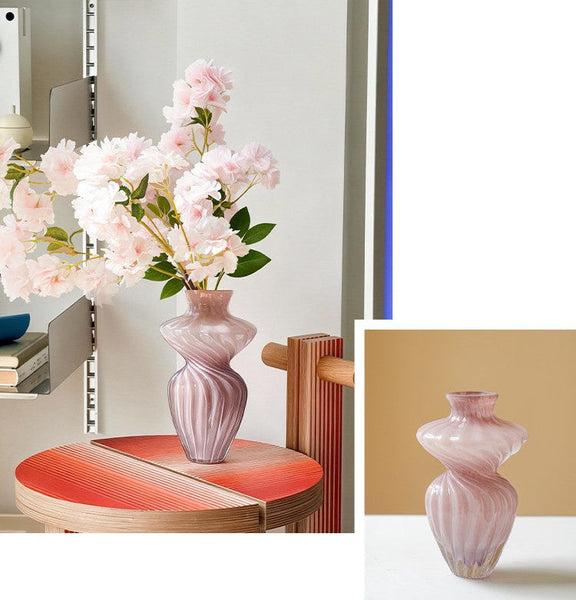 Mid Century Pink Vases for Flowers, Modern Vases for Living Room, Handmade Contemporary Glass Vases, Unique Decorative Glass Vase, Centerpiece Vases on Table-LargePaintingArt.com