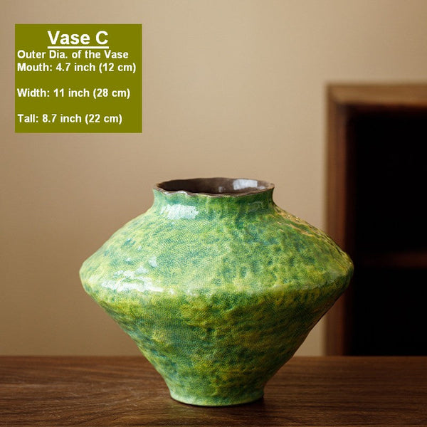 Centerpiece on Dining Table, Modern Pottery Flower Vases, Handmade Water Holding Flower Vases, Pottery Bud Vases, Large Green Flower Vases on Table-LargePaintingArt.com