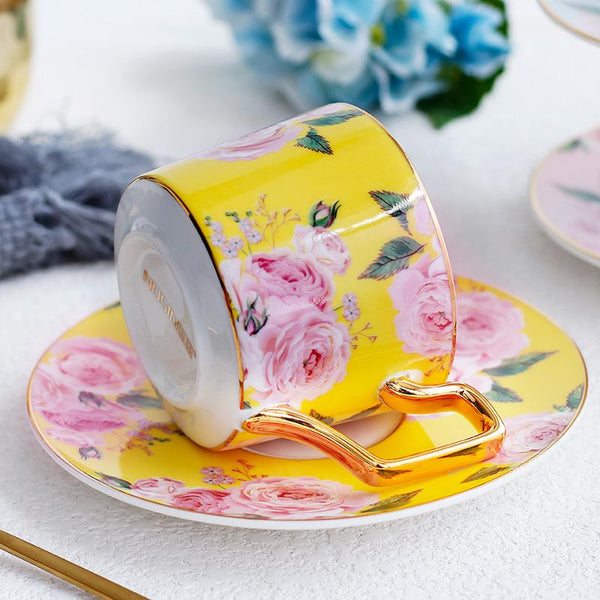 Blue Coffee Cups with Gold Trim and Gift Box, British Tea Cups, Porcelain Coffee Cups, Rose Flower Tea Cups and Saucers, Latte Coffee Cups-LargePaintingArt.com
