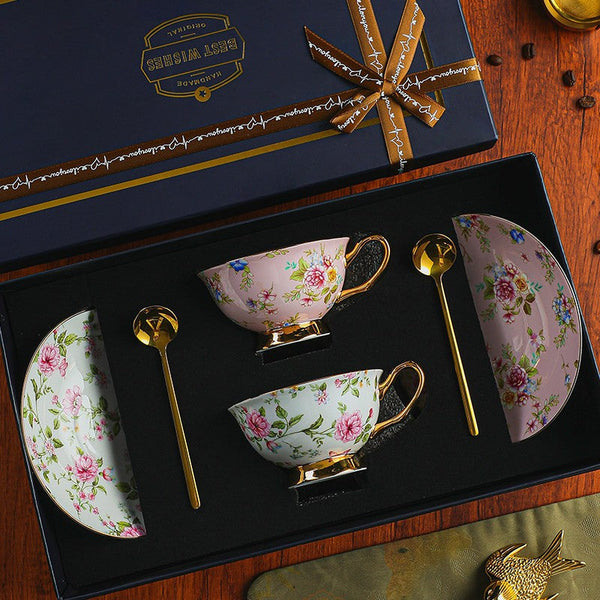 Porcelain Tea Cup Saucer Set of 2 Cups, Flower Tea Cup and Saucer Set in Gift Box, Floral Ceramic Coffee Cup with Saucer, Beautiful British Tea Cup and Saucer-LargePaintingArt.com