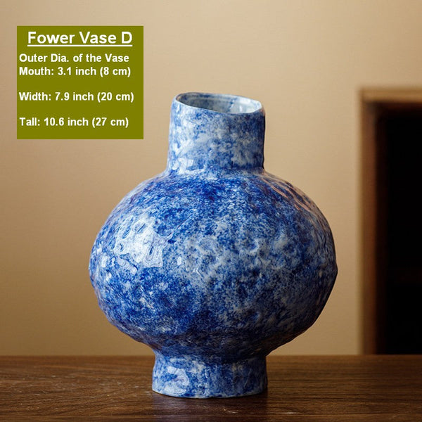 Modern Pottery Flower Vases, Handmade Water Holding Flower Vases, Centerpiece on Dining Table, Blue Pottery Bud Vases, Large Flower Vases on Table-LargePaintingArt.com