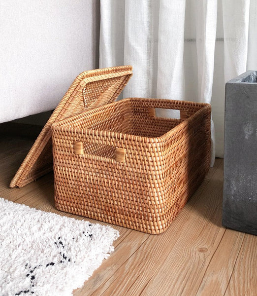 Wicker Storage Baskets for Bathroom, Rattan Rectangular Storage Basket with Lid, Extra Large Storage Baskets for Clothes, Storage Baskets for Bedroom-LargePaintingArt.com