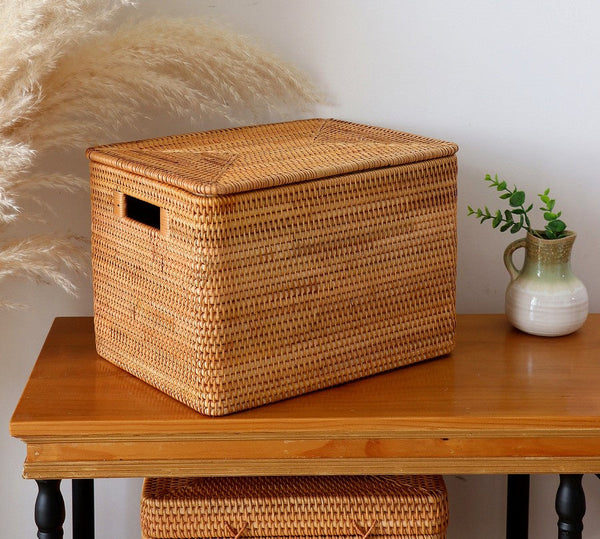 Kitchen Storage Baskets, Rectangular Storage Basket with Lid, Rattan Storage Baskets for Clothes, Storage Baskets for Living Room-LargePaintingArt.com