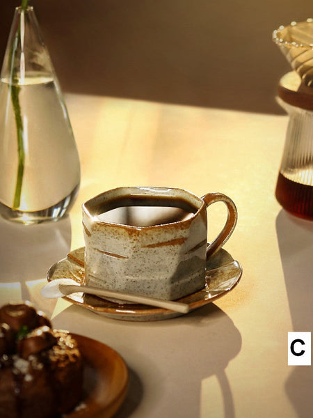 Modern Handmade Pottery Coffee Cup, 8 oz Ceramic Coffee Cup with Saucer, Unique Tea Cup and Saucer, Tea Cup Set for Traditional Afternoon Tea-LargePaintingArt.com