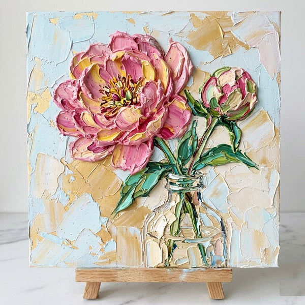 Impasto Heavy Texutre Art, Hand Painted Canvas Art, Blooming Pink Peony in Glass Vase, Still Life Painting, Small Canvas Artwork, Original Flower Paintings