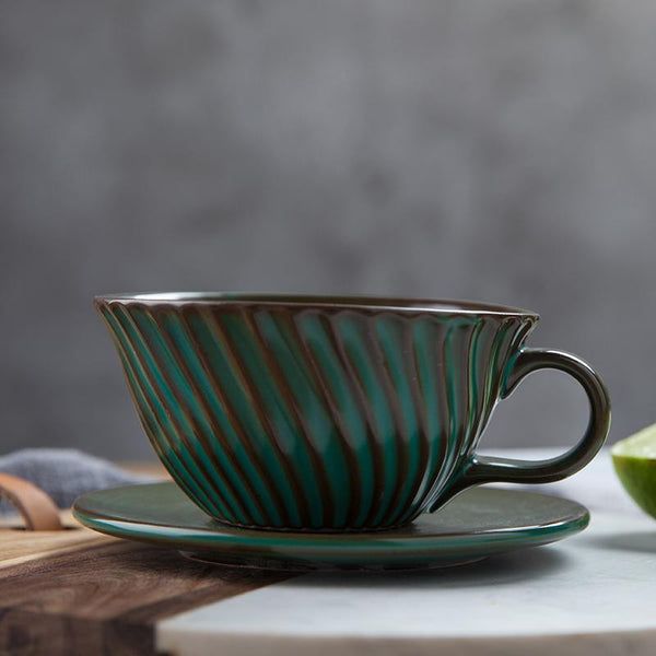 Green Pottery Coffee Cups, Breakfast Milk Cup, Latte Coffee Cup, Ceramic Coffee Cup, Cappuccino Coffee Mug, Coffee Cup and Saucer Set-LargePaintingArt.com