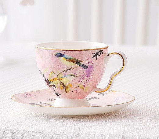 Elegant Pink Ceramic Coffee Cups, Unique Bird Flower Tea Cup and Saucer in Gift Box as Birthday Gift, Beautiful British Tea Cups, Royal Porcelain Tea Cup Set-LargePaintingArt.com