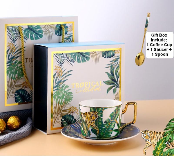 Handmade Coffee Cups with Gold Trim and Gift Box, 7.4 oz Tea Cup and Saucer, Jungle Tiger Porcelain Coffee Cups-LargePaintingArt.com