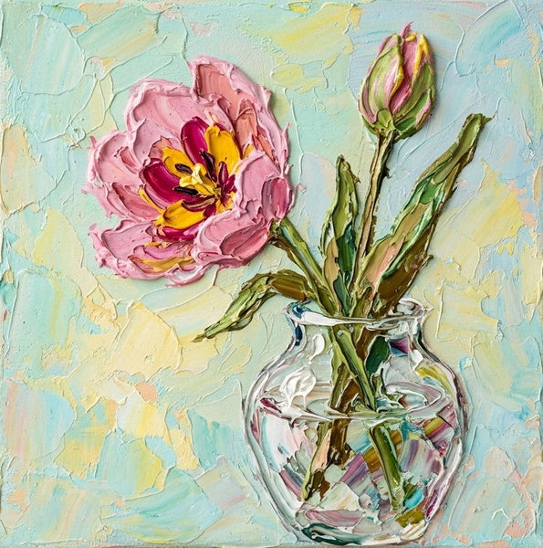 Original Oil Painting on Canvas, Pink Tulip in Glass Vase, Hand Painted Canvas Artwork, Original Flower Paintings, Small Canvas Artwork for Sale, Impasto Canvas Art