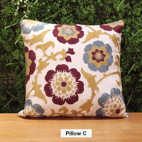 Farmhouse Decorative Throw Pillows for Couch, Embroider Flower Cotton Pillow Covers, Cotton Flower Decorative Pillows, Decorative Sofa Pillows-LargePaintingArt.com