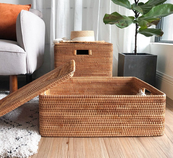 Wicker Storage Baskets for Bathroom, Rattan Rectangular Storage Basket with Lid, Extra Large Storage Baskets for Clothes, Storage Baskets for Bedroom-LargePaintingArt.com