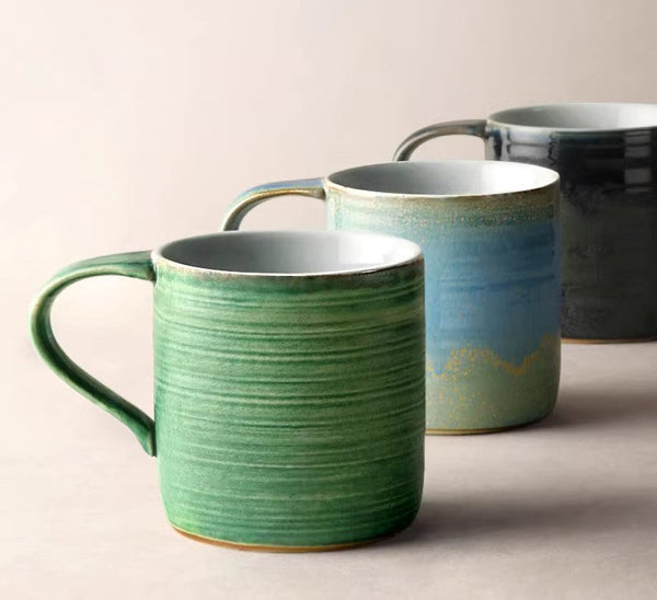 Blue Green Black Ceramic Coffee Mugs, Creative Handmade Coffee Mugs, Large Modern Handmade Pottery Coffee Cup, Large Capacity Coffee Mugs-LargePaintingArt.com