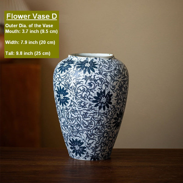 Centerpiece on Dining Table, Large Blue Flower Vase on Table, Vintage Bouquet Flower Vases, Handmade Porcelain Flower Vases Urn, Water Holding Flower Vases-LargePaintingArt.com