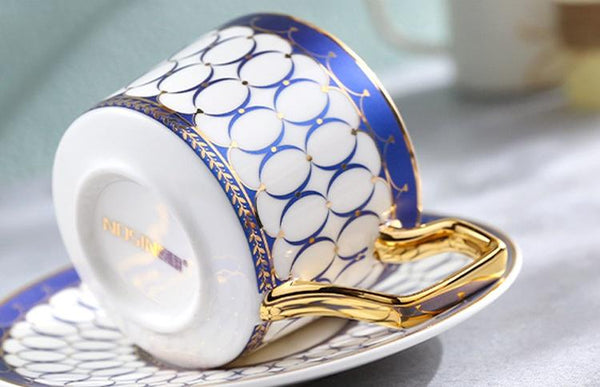 Latte Coffee Cups with Gold Trim and Gift Box, British Tea Cups, Elegant Porcelain Coffee Cups, Tea Cup and Saucer-LargePaintingArt.com