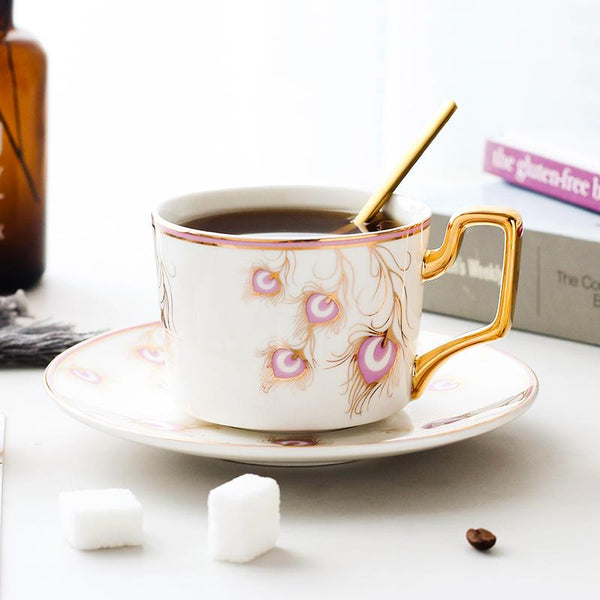 British Tea Cups, Coffee Cups with Gold Trim and Gift Box, Peacock Tail Pattern Porcelain Coffee Cups, Tea Cup and Saucer-LargePaintingArt.com